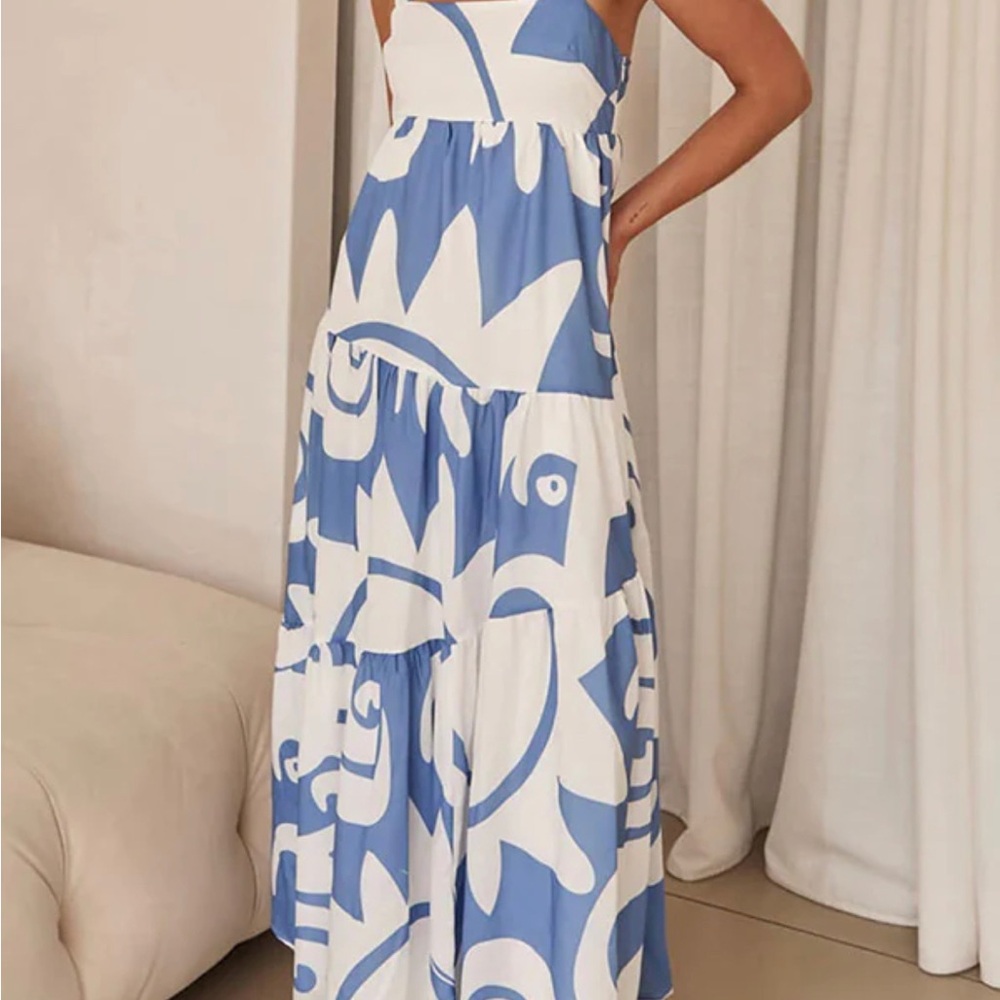 Blue and White Patterned Maxi Dress